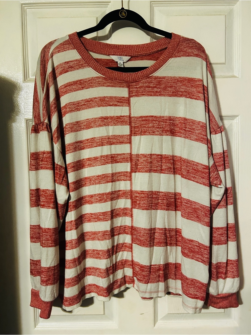 Time and Tru Red and Cream Striped Crew Neck Sweater